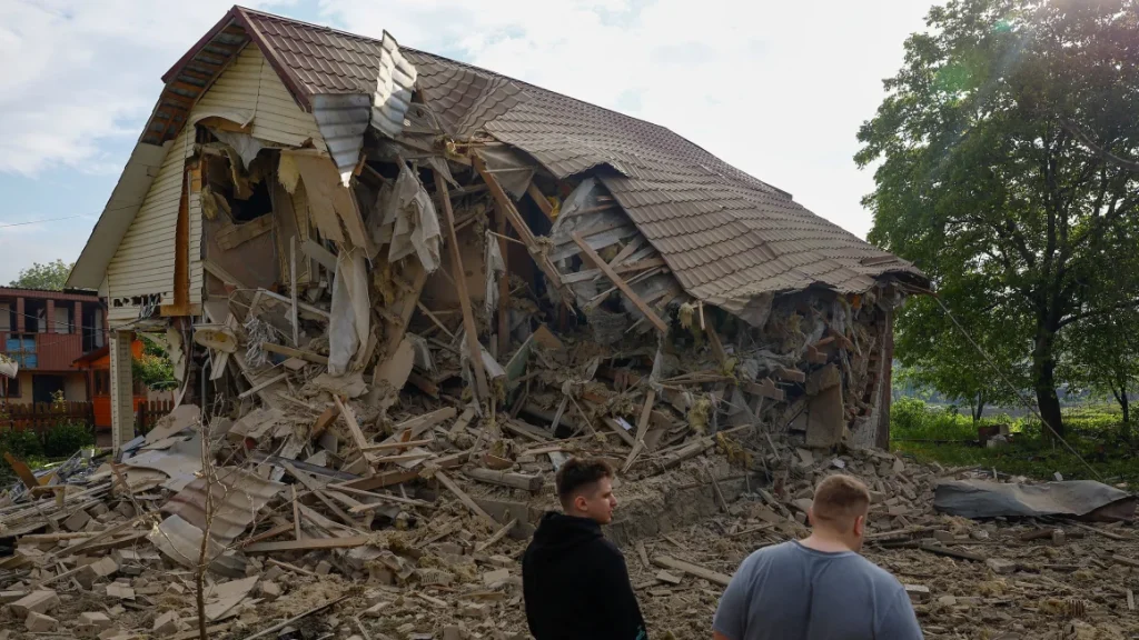 A house outside of Kyiv that was heavily damaged by a Russian drone strike on Sunday. Valentyn Ogirenko/Reuters