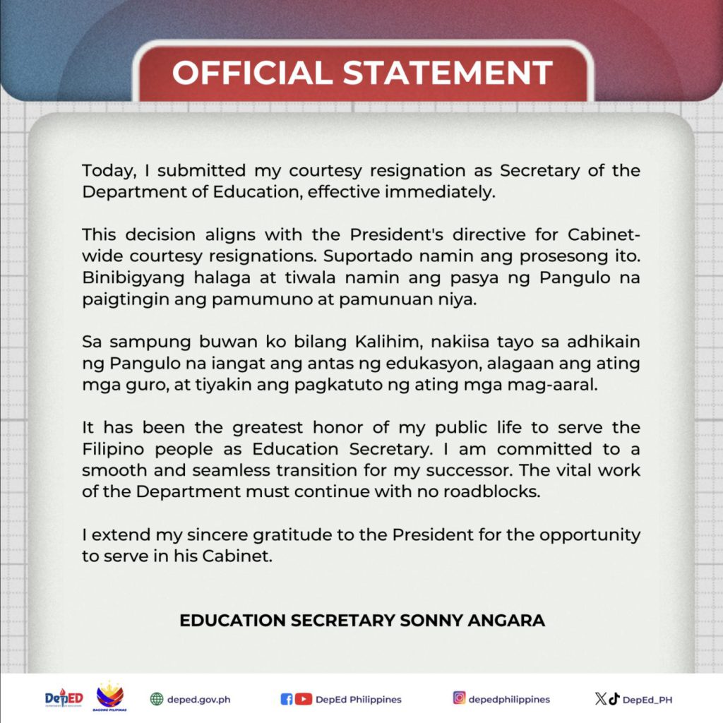 Sonny Angara Resignation Statement