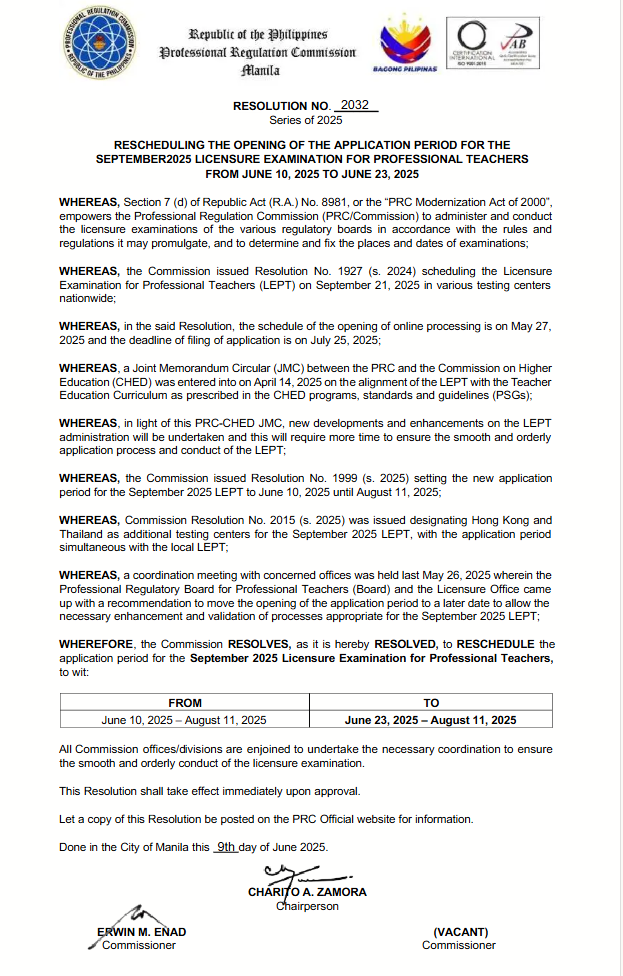 September 2025 LET: Revised application schedule